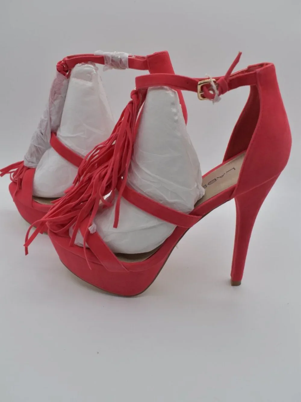 New in Box 7.5 Pink/Coral Fringe Platform Stiletto Heels by C. Label Open Toe